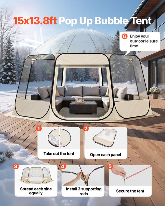 VEVOR Pop-Up Bubble Tent, 458 X 432 X 230 cm, Transparante Kampeertent, Tuinkoepel Iglo Tent met Ramen, Sporttent, 540° Panoramisch Uitzicht, voor 12-15 Personen, Terras, Achtertuin van Vevor — afbeelding 4