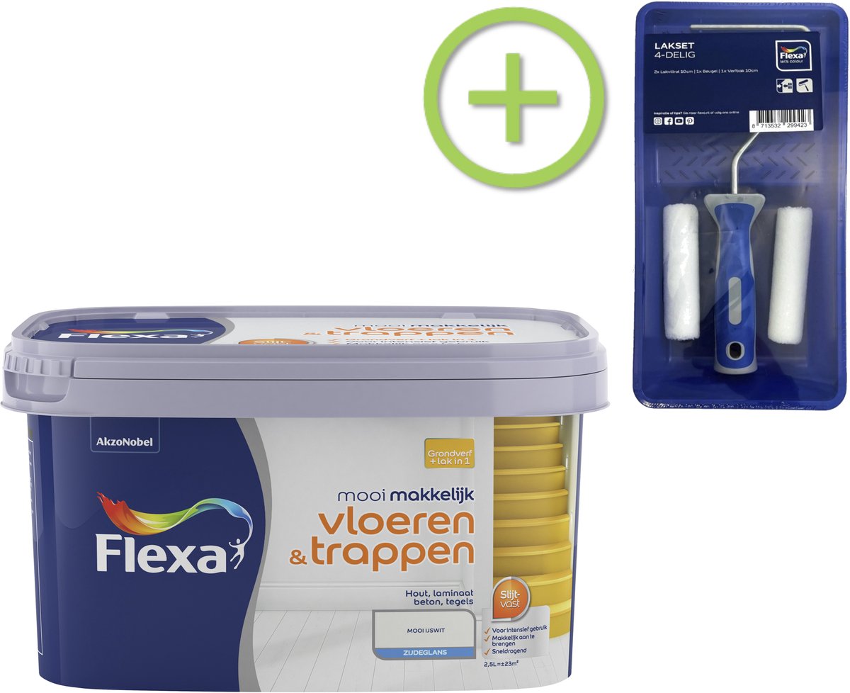Voordeelpakket Flexa Mooi Makkelijk - Vloeren En Trappen - Mooi Ijswit 2,5 Liter + Lakroller - 4 Delig