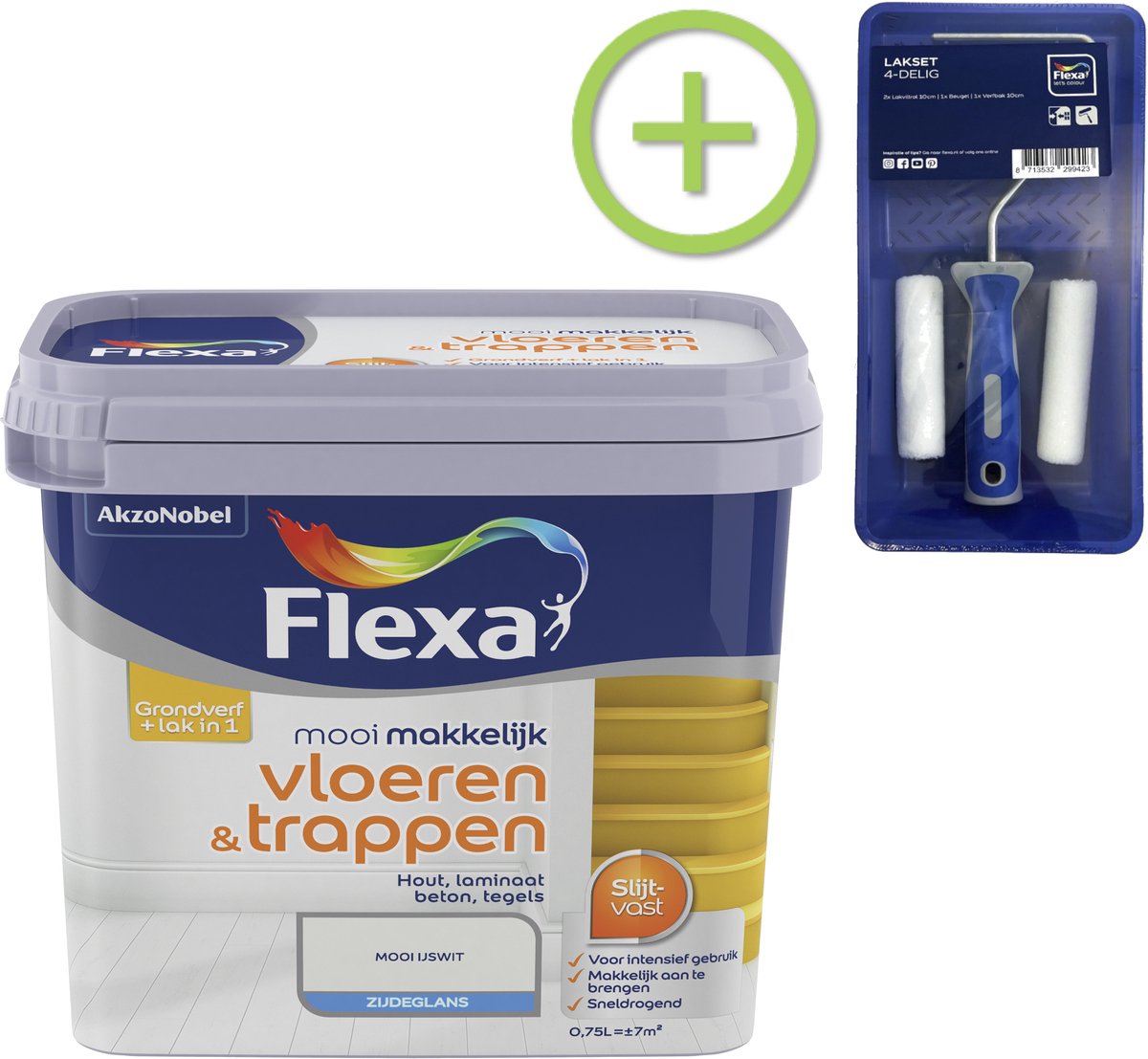 Voordeelpakket Flexa Mooi Makkelijk - Vloeren En Trappen - Mooi Ijswit - 750 ML + Lakroller - 4 Delig