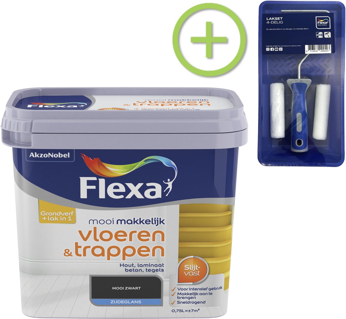 Voordeelpakket Flexa Mooi Makkelijk - Lak Vloeren En Trappen - Mooi Zwart - 750 ML + Lakroller - 4 Delig