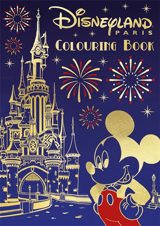 Livre de coloriage Disneyland Paris avec le château de Disneyland, Mickey Mouse et des feux d'artifice sur fond bleu foncé.