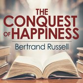 Livre intitulé 'The Conquest of Happiness' de Bertrand Russell, avec un livre ouvert au premier plan et des piles de livres en arrière-plan.