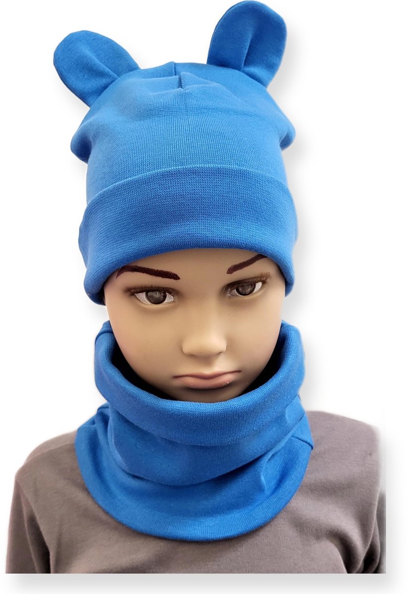 Dartomik - Kinder Set - Hoed met Ears - Sjaal - Maat 52-56 - Blauw