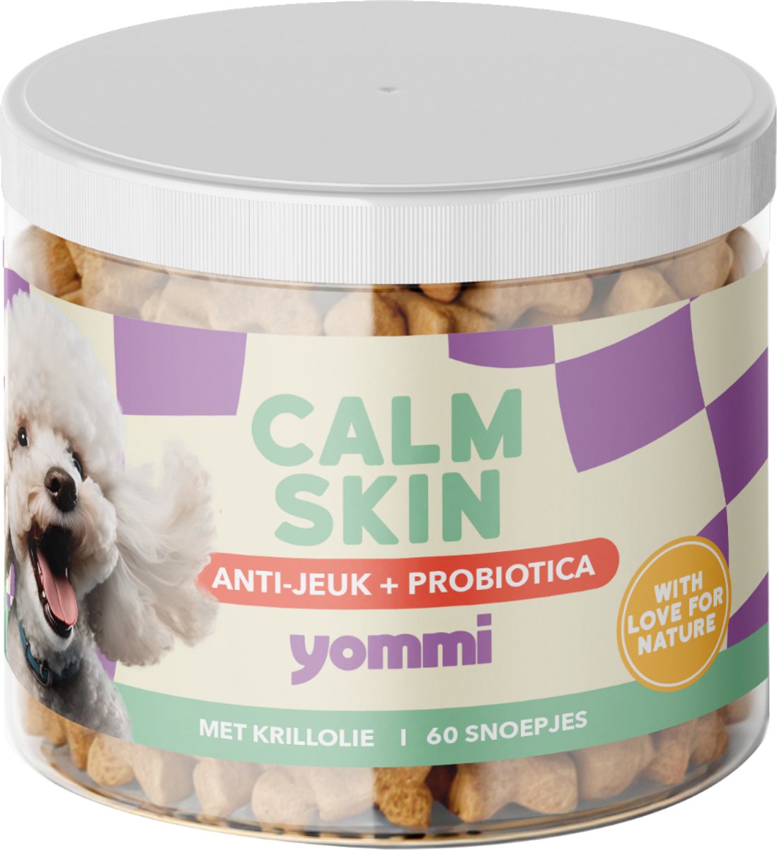Yommi Calm Skin snack supplement met krillolie een natuurlijke astaxanthine ( krachtige antioxidant) ondersteunt hart en vitaliteit, Huid en jeuk Supplement hond- 60 stuks – probiotica-met kip-aanbevolen door dierenartsen- ondersteunt gevoelige huid
