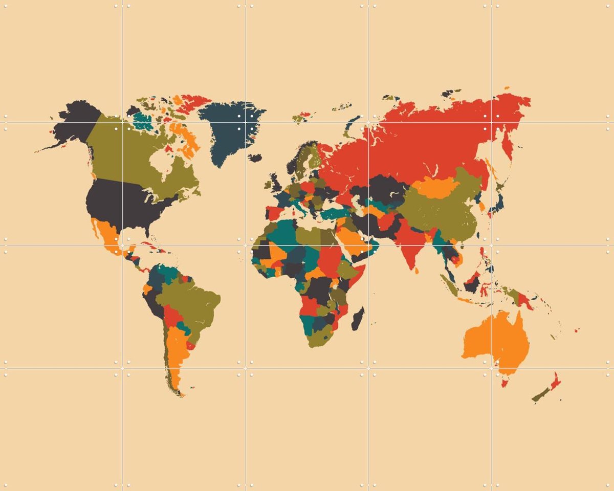 IXXI World Map Mosaic Autumn, Kunst in Kaart - 100 x 80 cm - Gratis ophangtool - Grote wanddecoratie en posters - Digitale Kunst, Geometrische Kunst