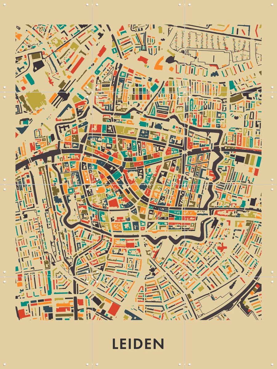 IXXI Leiden Mosaic Map, Kunst in Kaart - 60 x 80 cm - Gratis ophangtool - Grote wanddecoratie en posters - Grafisch Ontwerp, Geometrische Kunst