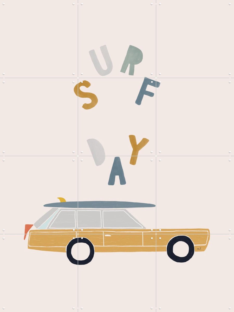 IXXI Surfing Retro Car, Menina Lisboa & Various - 60 x 80 cm - Gratis ophangtool - Grote wanddecoratie en posters - Retro, Speels, Illustraties