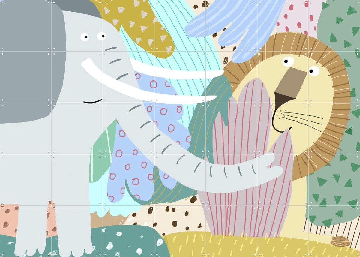 IXXI Cute Elephant with Lion Peeking Out of the Jungle, Carla Daly - 140 x 100 cm - Gratis ophangtool - Grote wanddecoratie en posters - Illustraties
