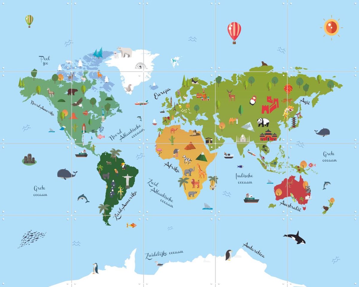 IXXI World Map Kids Text, Kunst in Kaart - 100 x 80 cm - Gratis ophangtool - Grote wanddecoratie en posters - Kleurrijk, Illustraties, Digitale Kunst