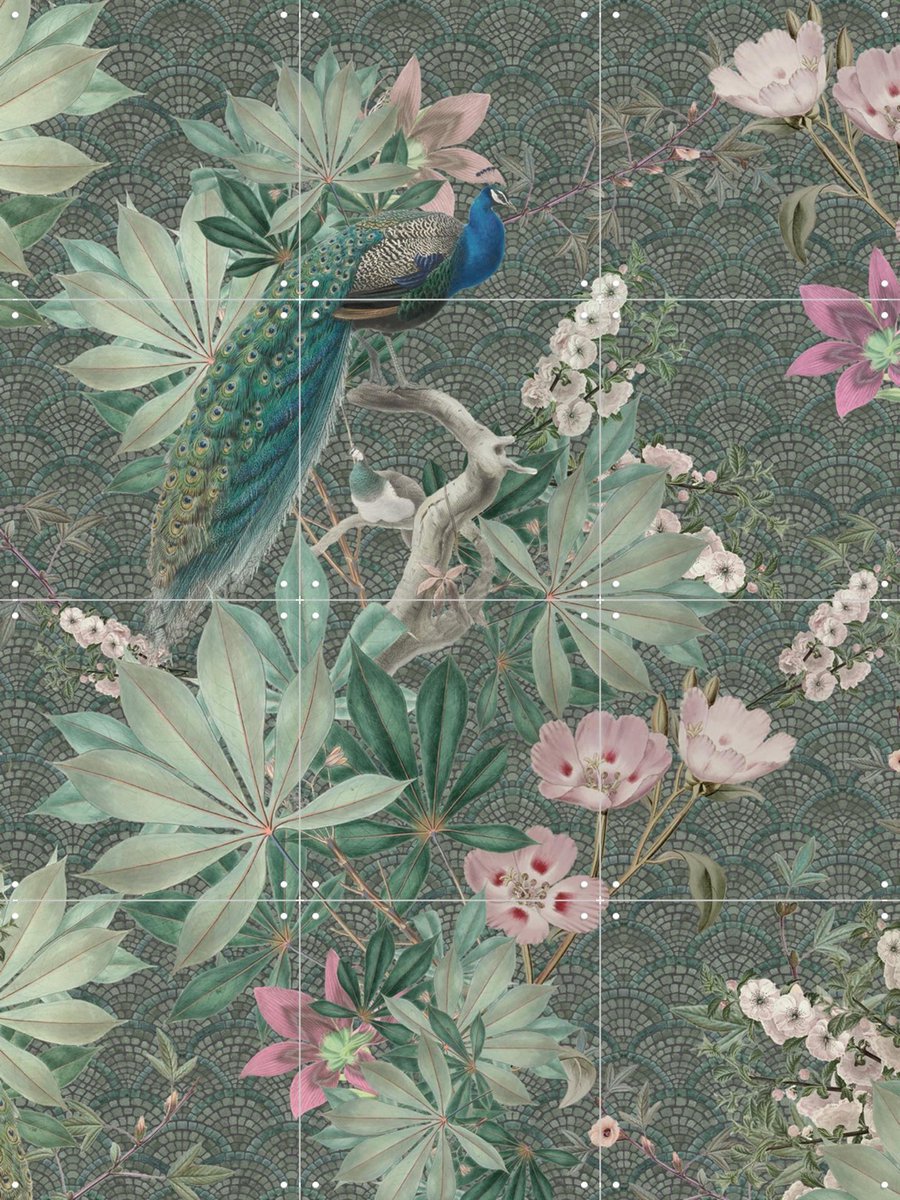 IXXI Botanical Garden Peacock, Bloomery Decor - 60 x 80 cm - Gratis ophangtool - Grote wanddecoratie en posters - Kleurrijk, Illustraties