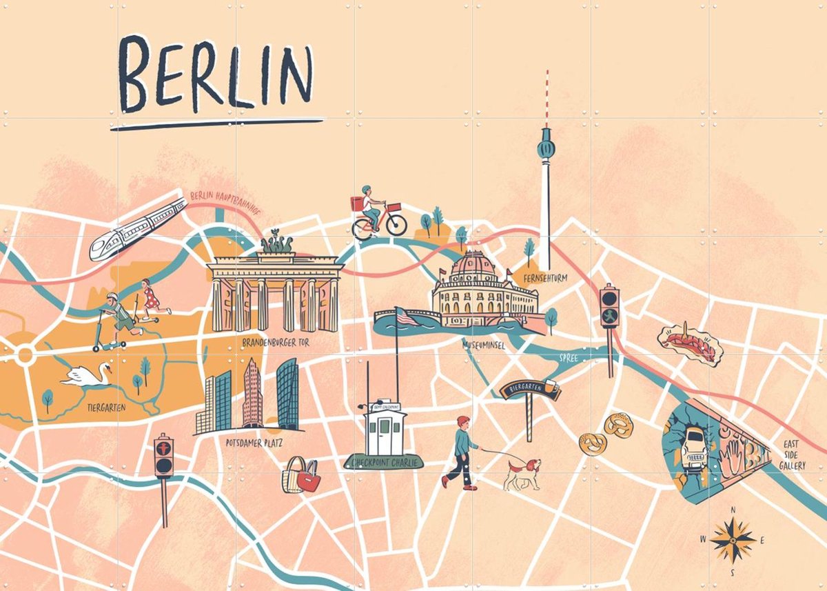 IXXI Berlin Illustration, Revista Ontwerp & Kunst in Kaart - 140 x 100 cm - Gratis ophangtool - Grote wanddecoratie en posters - Digitale Kunst