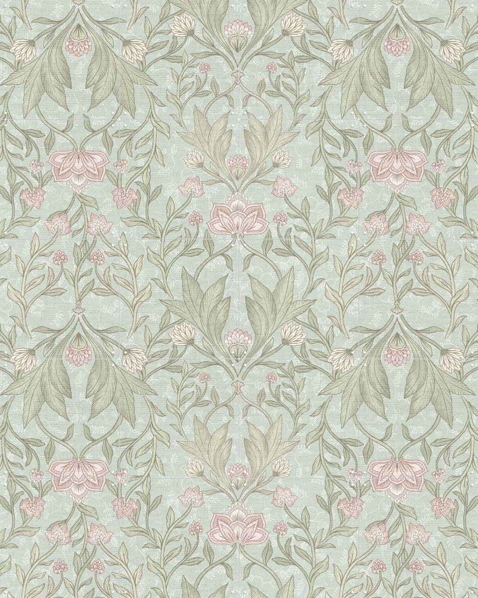 IXXI Morris Floral Damask & leaves - soft teal, Bloomery Decor - 80 x 100 cm - Gratis ophangtool - Grote wanddecoratie en posters - Vintage