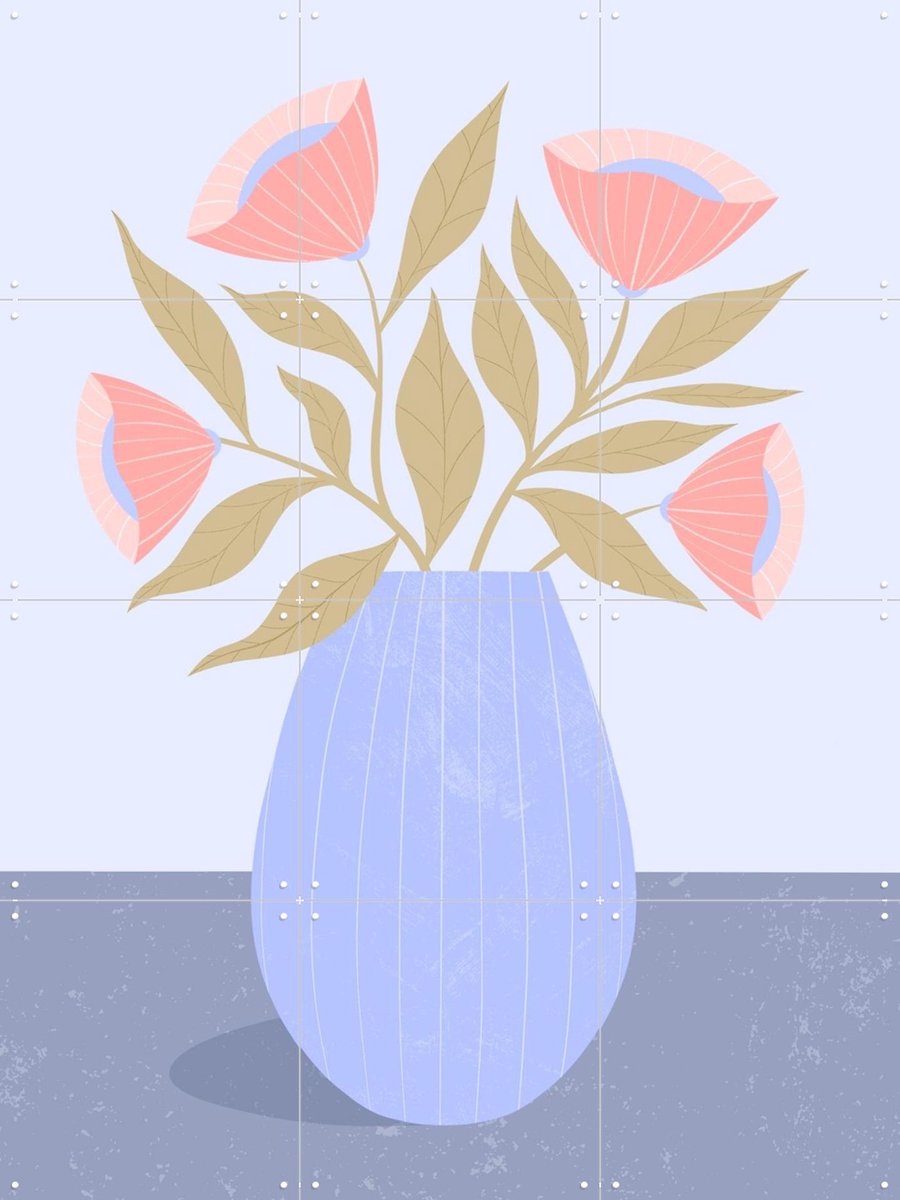 IXXI Peach Flowers in Blue Vase, Melissa Donne & Various - 60 x 80 cm - Gratis ophangtool - Grote wanddecoratie en posters - Illustraties, Grafisch