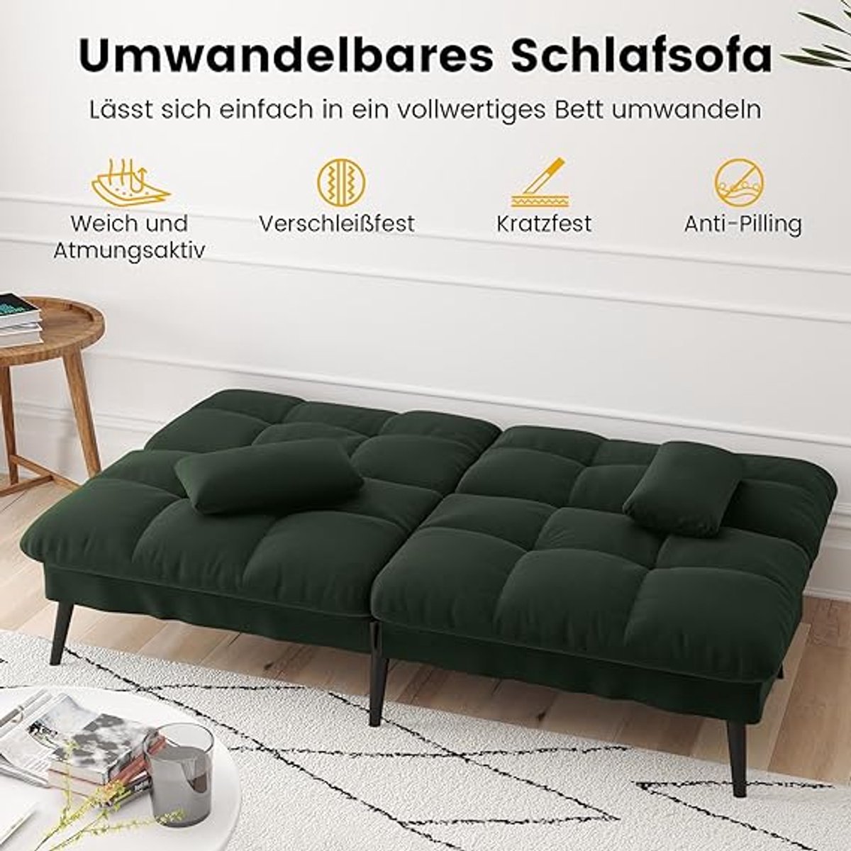 3-Zits Slaapbank met Slaapfunctie 174x105x44 cm – Futon Klapbank, Verstelbare Rugleuning 5 Hoeken, Donkergroen, Modern & Comfortabel voor Woonkamer, Studio of Kantoor – Pauwhome