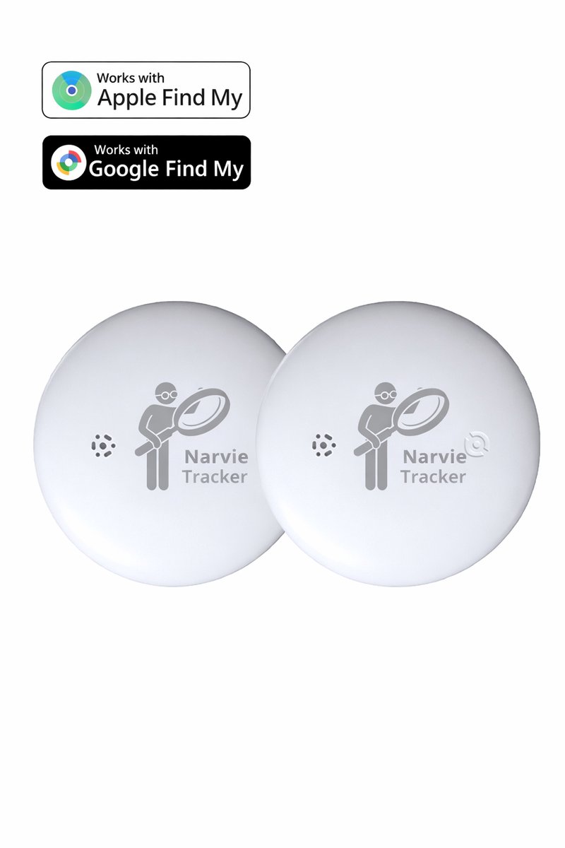 Narvie Tracker 2-Pack – GPS Tracker voor Tas, Koffer & Portemonnee – Apple Zoek Mijn & Android Find Hub – Zonder Abonnement – Wit