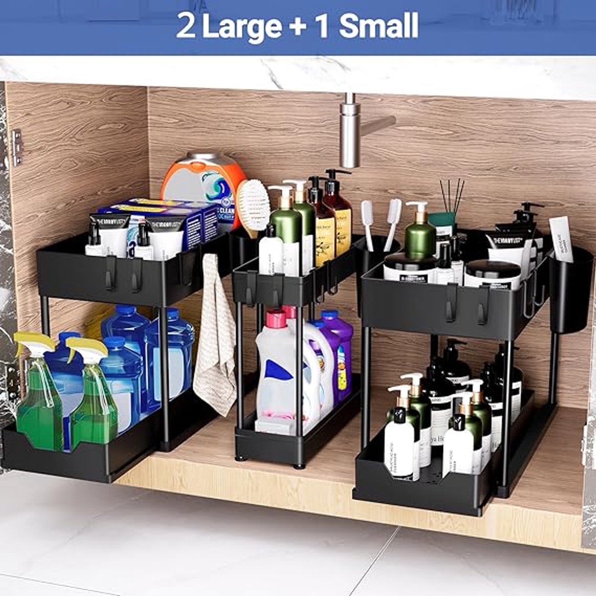 Ruimtebesparende Onderkast Organizer Set (3-delig) – 2 Niveaus met Uittrekbare Lade – Zwart