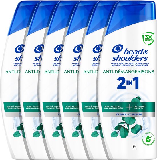 Six bouteilles de shampoing Head & Shoulders antipelliculaire. Bouteilles blanches à bouchon bleu et design de feuilles vertes. Avec "3X PROTECT" et "ANTI-DÉMANGEAISONS 2IN1".