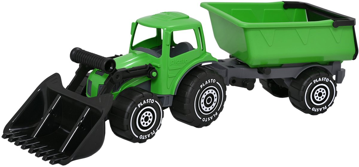 Plasto Tractor met Voorlader en Aanhanger Groen 57 cm - Speelgoedvoertuig - Complete Set - Grote Tractor - Realistisch Spelen - Stevig Kunststof - Gemaakt in Finland - Vanaf 1 Jaar