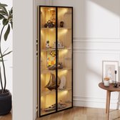 Vitrinekast - 62x35x160cm - Glazen Vitrine met Lichtlijst - Stofdicht met Gehard Glas - Glas en Eikenhout - Eiken