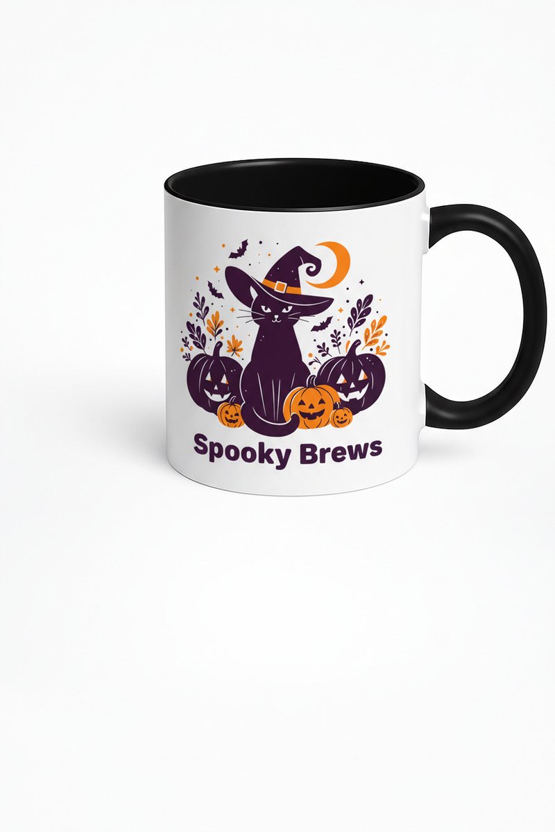 Halloween Mok - Spooky Brews - Zwarte Kat met Heksenhoed Koffiemok