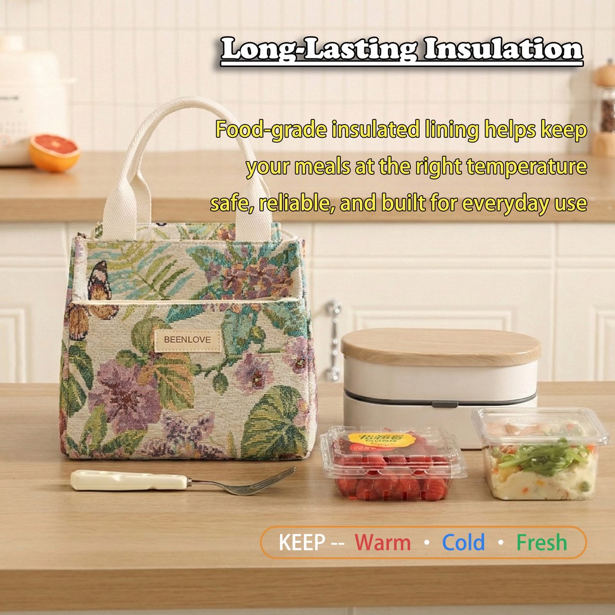Rainbecom - Koeltassen Lunchtas 5,5L Geïsoleerd - Lunch tas Dames & Heren - 22x13.5x19.5 cm Lunchbag voor Werk & School - Koeltas Waterafstotend Polyester - Grote Opening met Rits - Beige Tropische Print — cadeau in Cadeau-ideeën - foto 5