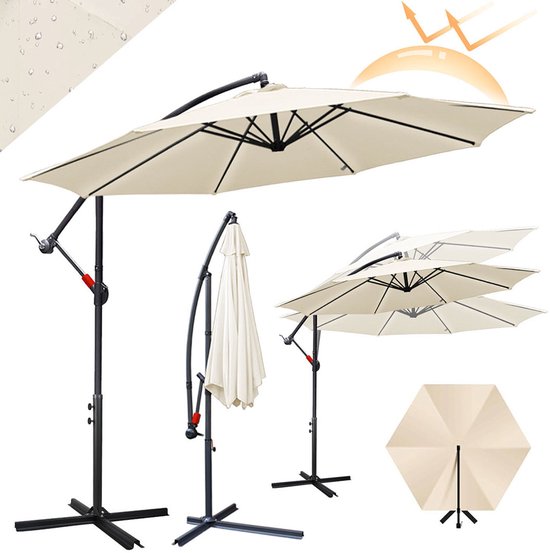 Parasols flottants 300 cm - Grande Ombre - Protection UV 50+ (bloque 98% des UV) - Inclinable sous plusieurs angles - Cadre en Fer Stable avec 6 Baleines - Pied Croisé 100×100 cm - Hydrofuge - Ventilation Beige