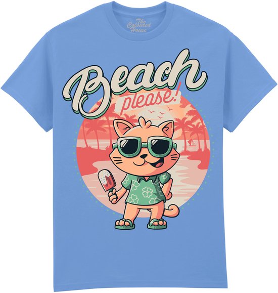 Lichtblauw T-shirt met opdruk 'Beach please!' en een kat met zonnebril en ijsje.