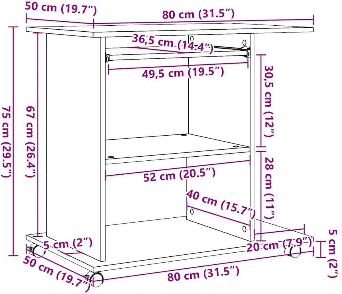 vidaXL - Computerbureau - 80x50x75 - cm - bewerkt - hout - oud - houtkleurig