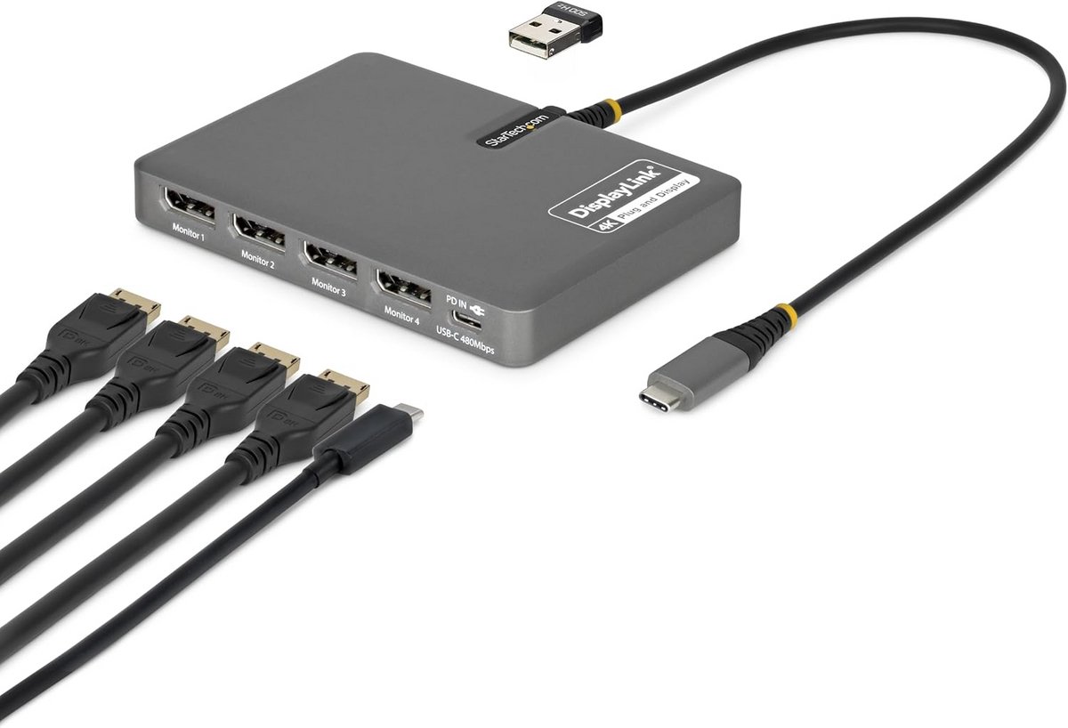 USB-C Quad-Monitor Adapter met 4K 60Hz en 140W Opladen