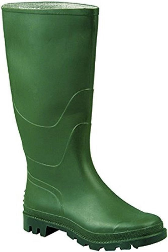Hoge groene rubberen laars met golvende lijnen en profielzool.