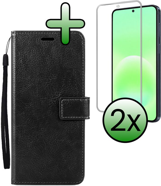 Étui de téléphone noir avec dragonne et deux protecteurs d'écran.