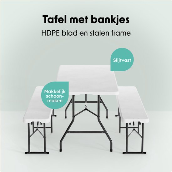 LifeGoods Inklapbare Picknickset - 180cm x 74cm - Tuintafel met 2 Banken - Weerbestendig - Campingtafel - Biertafel Opklapbaar - Voor Binnen en Buiten - Voor 6 tot 8 Personen - Wit van Merkloos — afbeelding 3