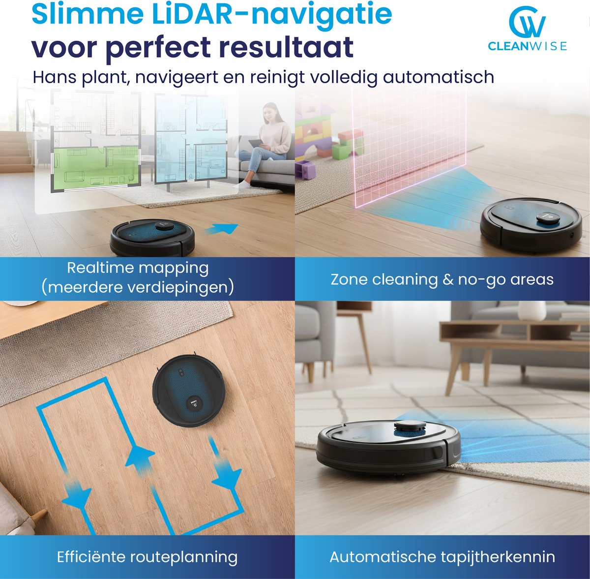 CleanWise Hans Robotstofzuiger met Dweilfunctie & Oplaadstation – Nederlands Product - Dweilrobot – LiDAR Navigatie – 7000 Pa – HEPA 14 Filter – Tapijtherkenning – No-Go Zones – App & Spraakbediening (Google/Alexa) – Voor Huisdierharen — afbeelding 5