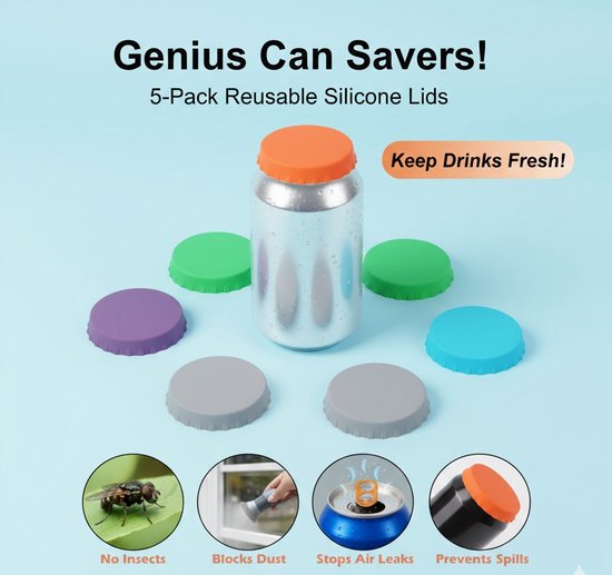 Een zilverkleurig blikje met oranje deksel, omringd door losse deksels in paars, grijs, groen en blauw. Titel: 'Genius Can Savers! 5-Pack Reusable Silicone Lids'.