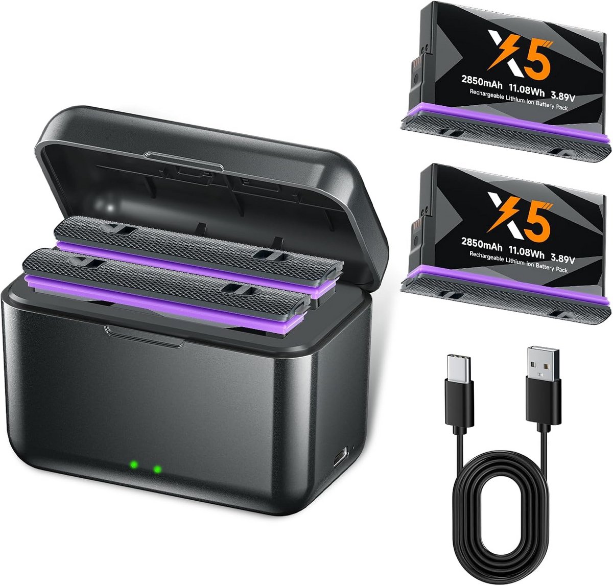 2 Stuks Camera Accu 2850mAh Vervanging voor X5 Camera met USB-C Snellader