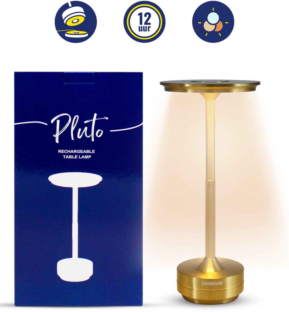 DiningGlow® Pluto - Goud - Oplaadbare Tafellamp LED - Dimbare Draadloze Lamp - Kleine Schemerlamp voor Binnen & Professioneel - Woonkamer, Eettafel & Slaapkamer tafel - Tafellampje Bureau - Draadloos tot 12 uur licht