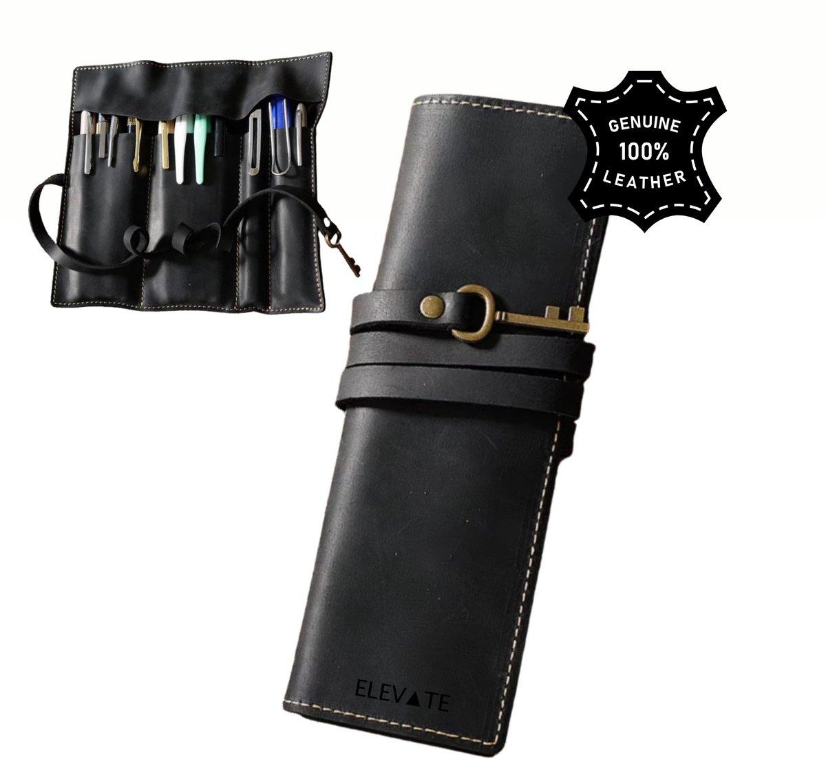 ELEVATE® Leren Pennen Etui Rol – Echt Leer Pen Organizer – Luxe Pencil Case – Pennenhouder voor School, Werk & Creatieven – Zwart