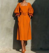 Dames Midi Jurk Oranje – Elegante Tailleband en Pofmouwen – Maat M