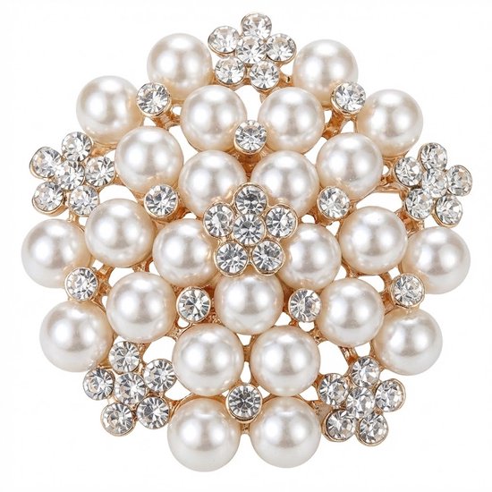 Broche ronde dorée ornée de perles et de strass en motif floral.