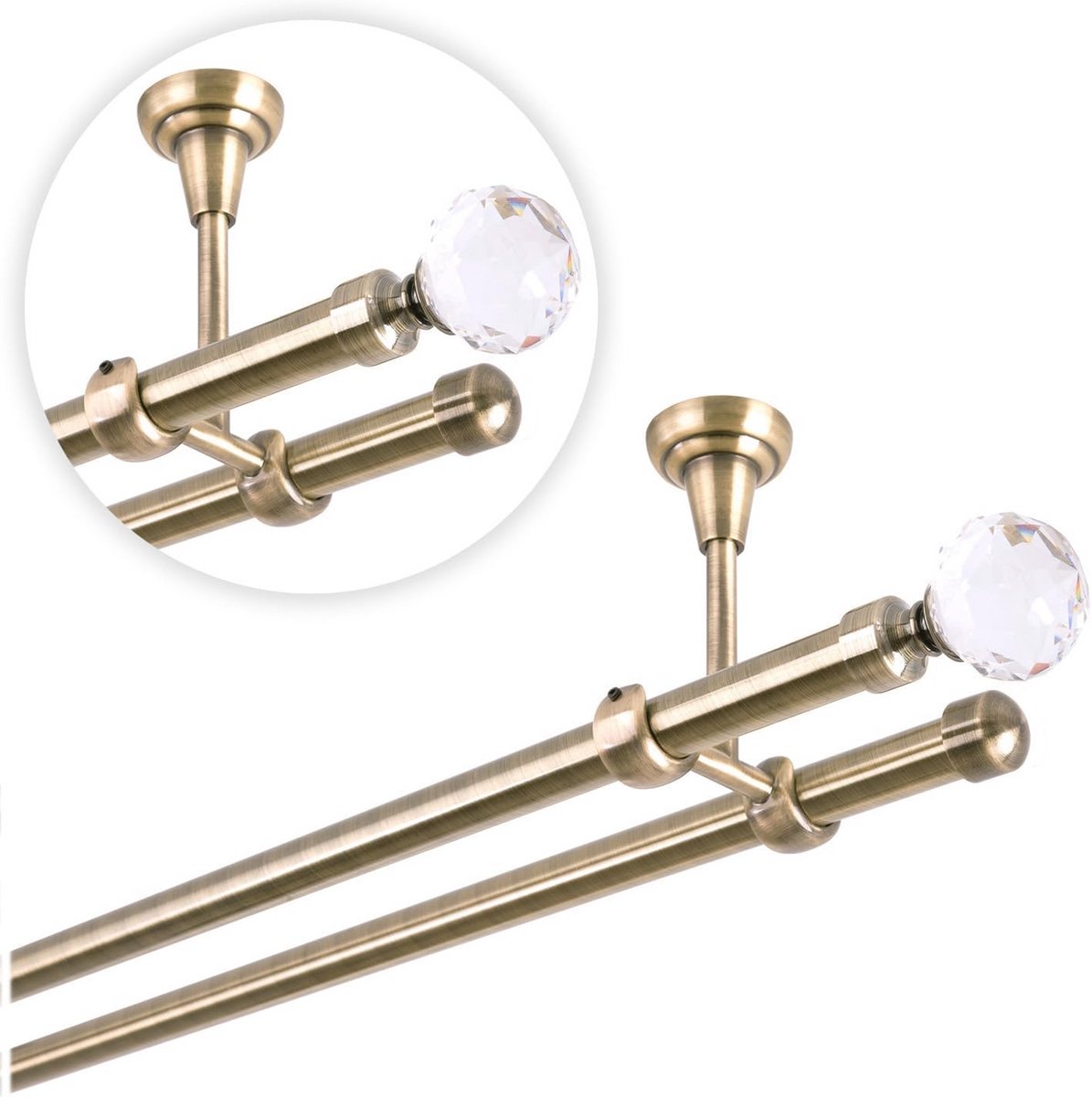 Dubbele Gordijnroede 540 cm Plafondmontage 19 mm Antiek Goud Inclusief Kristallen Eindknoppen