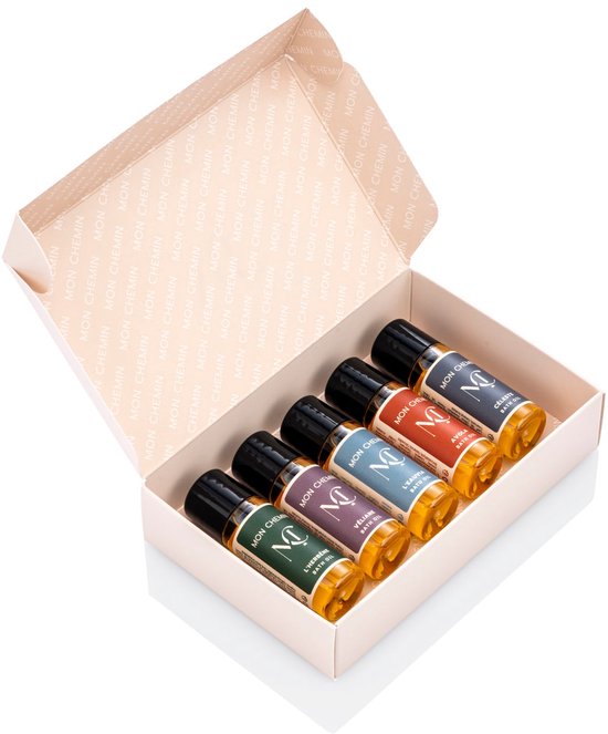 Mon Chemin® Badolie Discovery Set – Vijf Miniaturen Badolie in Luxe Cadeauverpakking