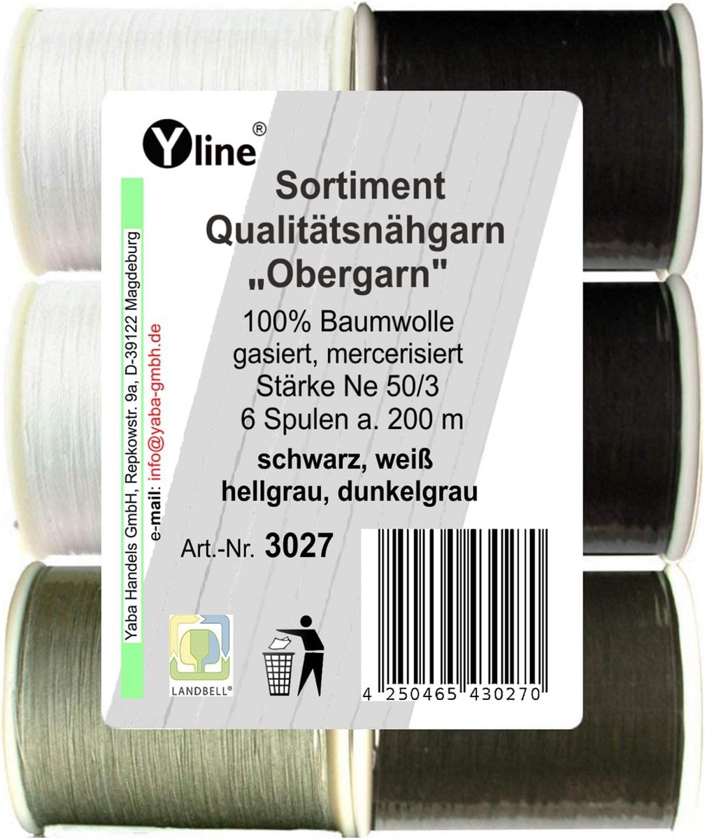 Set van 6 klossen naaigaren bomull 200m in zwart, wit en grijs
