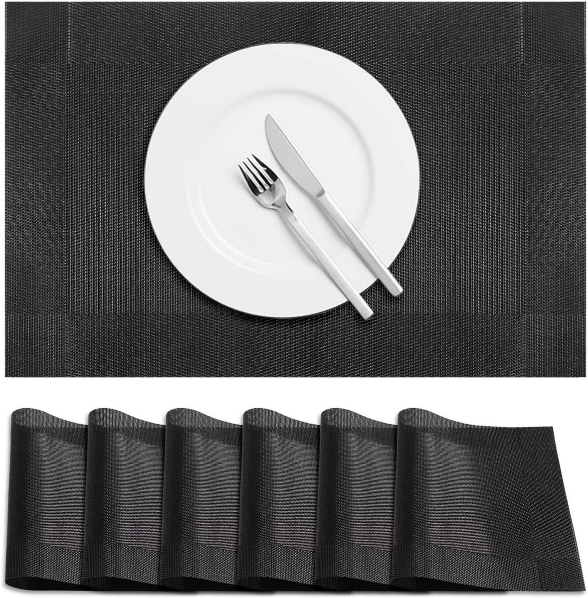 Set van 6 Duurzame Placemats Zwart - Hittebestendig en Antislip Tafelmatten