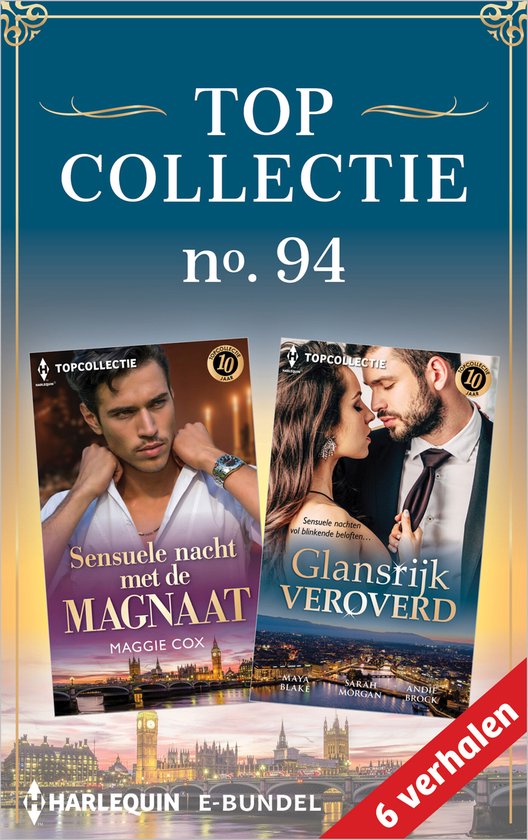 Boekomslag 'Topcollectie no. 94' met twee Harlequin-romans. Links een man met openstaand overhemd, rechts een stel in avondkleding. Londense skyline op achtergrond.