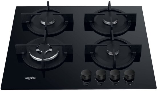 Zwarte Whirlpool gaskookplaat met vier branders, gietijzeren pandragers en vier zwarte draaiknoppen.