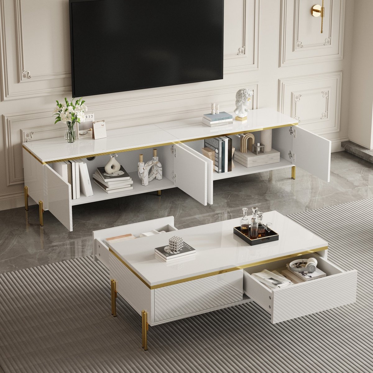 Modern luxe tv-meubel en salontafel set - effen hoogglans oppervlak - gouden randen - grot