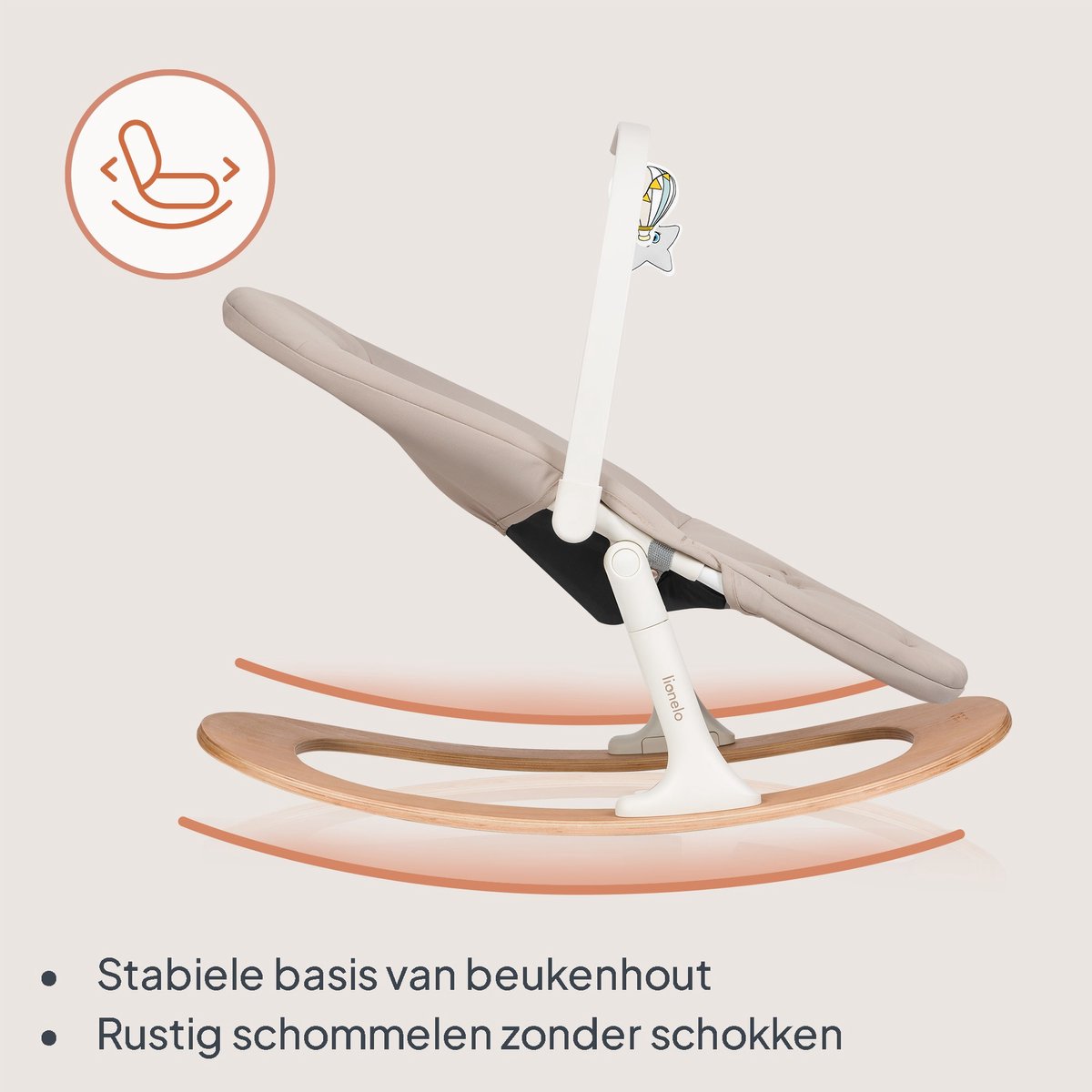 Lionelo Celia Rocker - Wipstoel Baby - Houten - 2 rugstanden - 5-puntsgordel - Speelboog met 2 speeltjes - Wood - Bouncer / Swing – foto 2