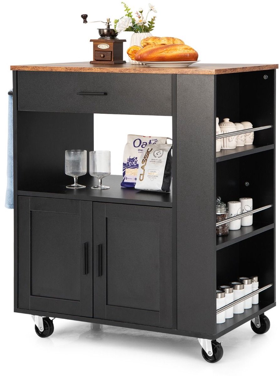 Keukeneiland - Verplaatsbaar - Keukenkast - Dressoir - Organizer - Kasten - Houten Werkblad - Zwart