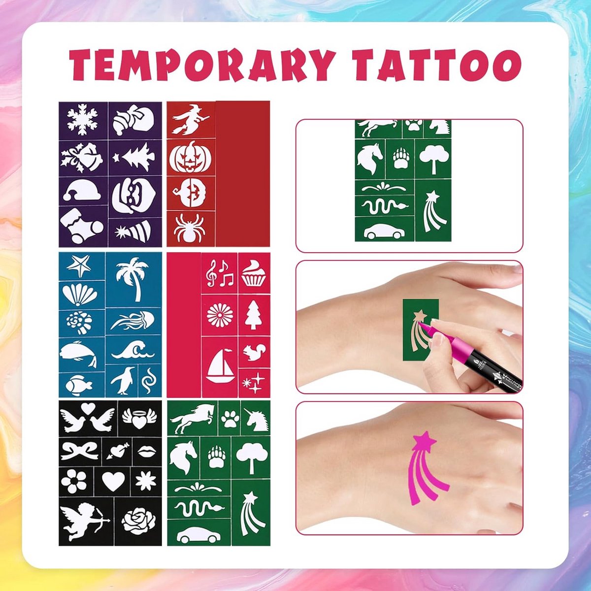 Tatoeage Stiften Set Kind | 24 Kleuren Tijdelijke Huidvriendelijke Tattoos met Sjabloon & 3D Stickers — cadeau in Spellen & Speelgoed - foto 4