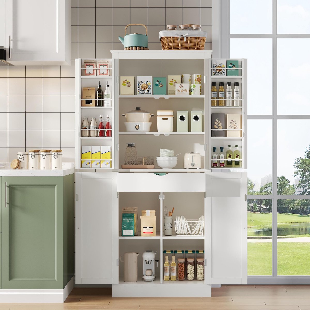 PHOEBE CAT Keukenkast - Dressoir - Snackkast - Opbergplank - Met lade - 182 × 40 × 75 cm - Wit